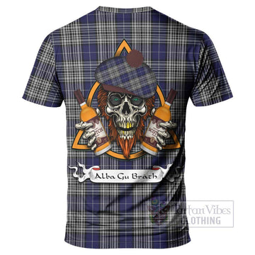 Napier Tartan T-Shirt with Family Crest and Bearded Skull Holding Bottles of Whiskey