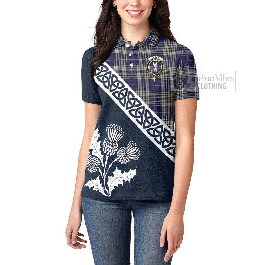 Napier Tartan Women's Polo Shirt Featuring Thistle and Scotland Map - Tartanvibesclothing Store
