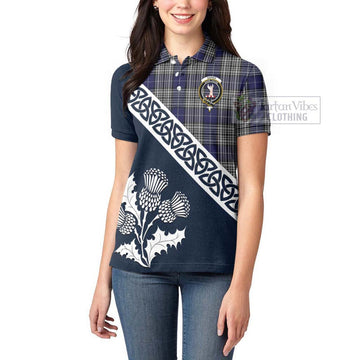 Napier Tartan Women's Polo Shirt Featuring Thistle and Scotland Map