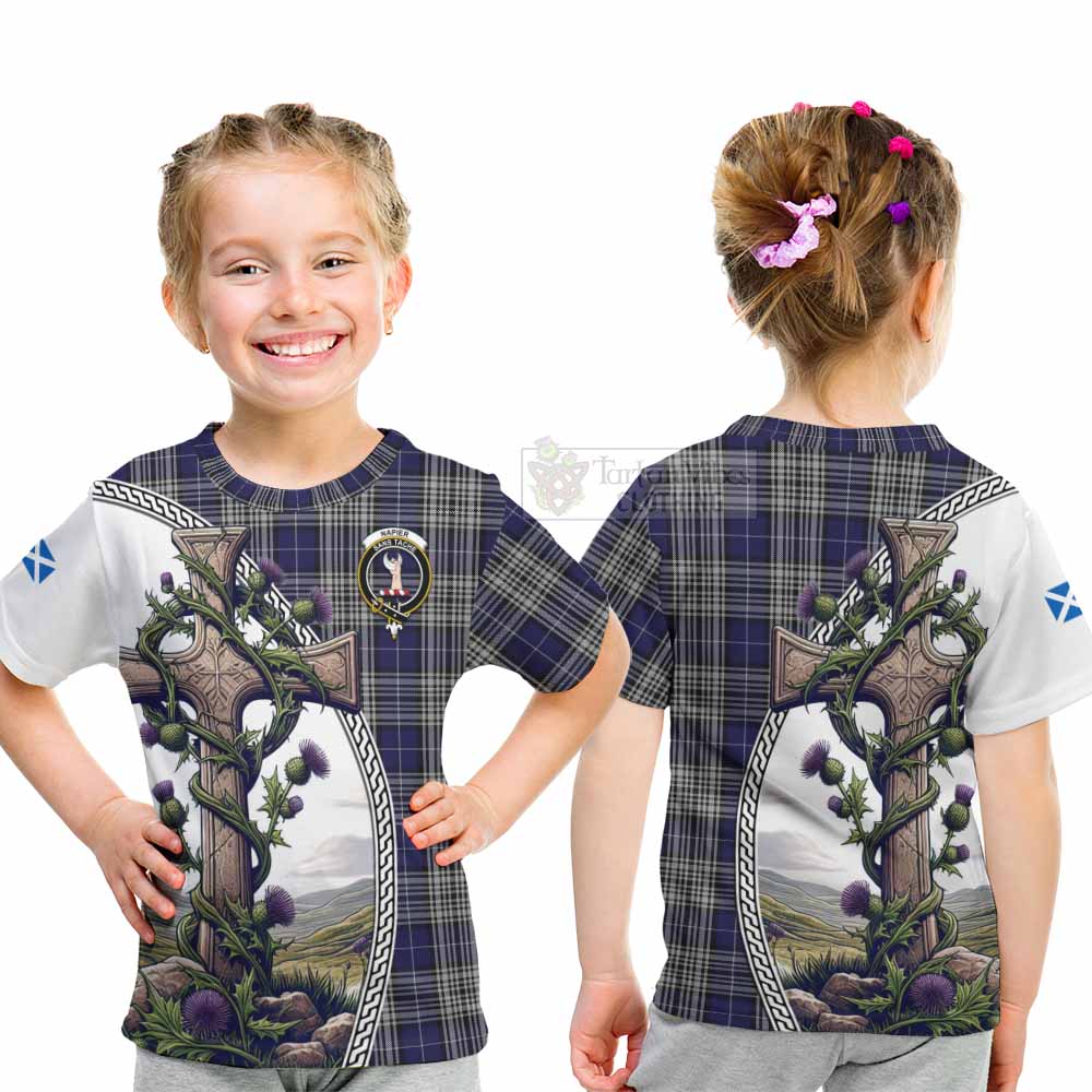 Tartan Vibes Clothing Napier Tartan Kid T-Shirt with Family Crest and St. Andrew's Cross Accented by Thistle Vines