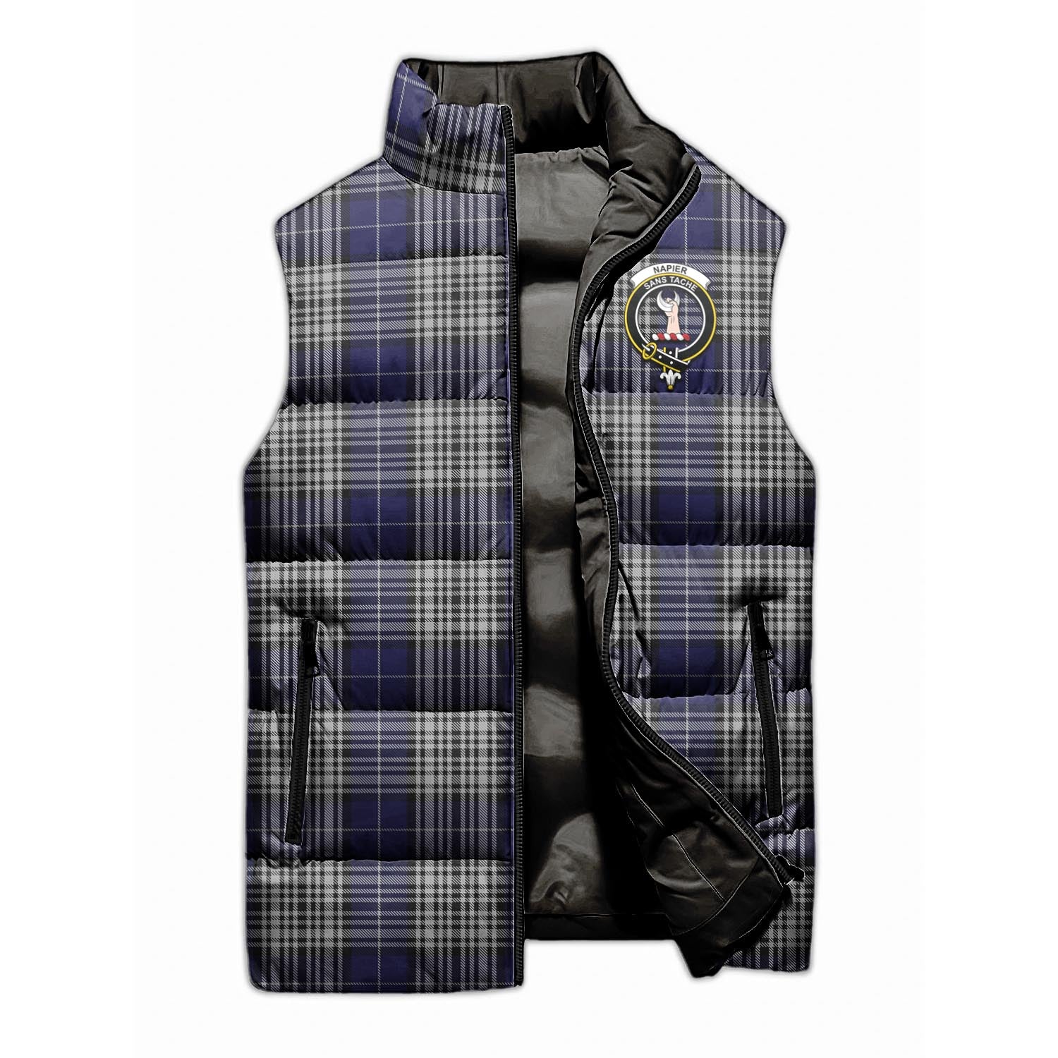 Napier Tartan Sleeveless Puffer Jacket with Family Crest - Tartanvibesclothing