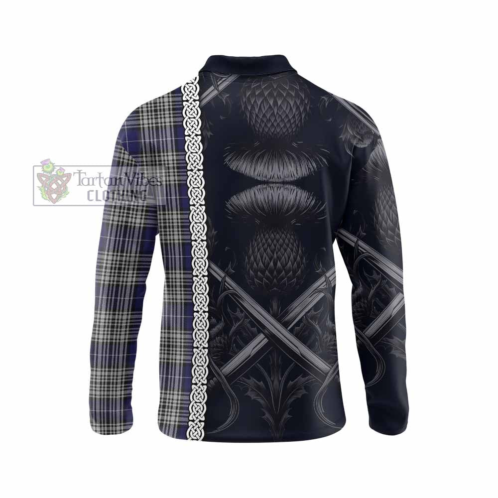 Tartan Vibes Clothing Napier Tartan Long Sleeve Polo Shirt with Family Crest Cross Sword Thistle Celtic Vibes