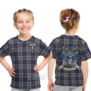 Napier Tartan Kid T-Shirt with Family Crest Celtic Skull Style