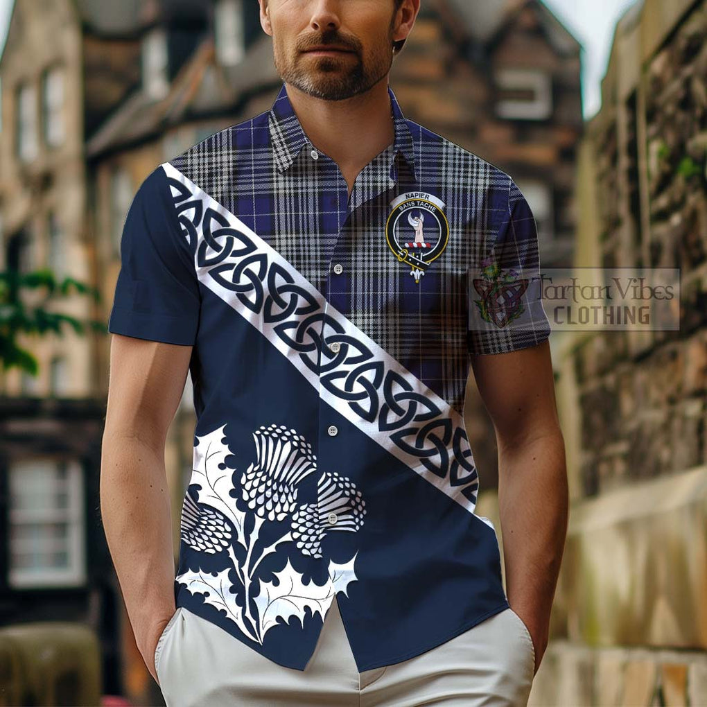 Tartan Vibes Clothing Napier Tartan Short Sleeve Button Shirt Featuring Thistle and Scotland Map