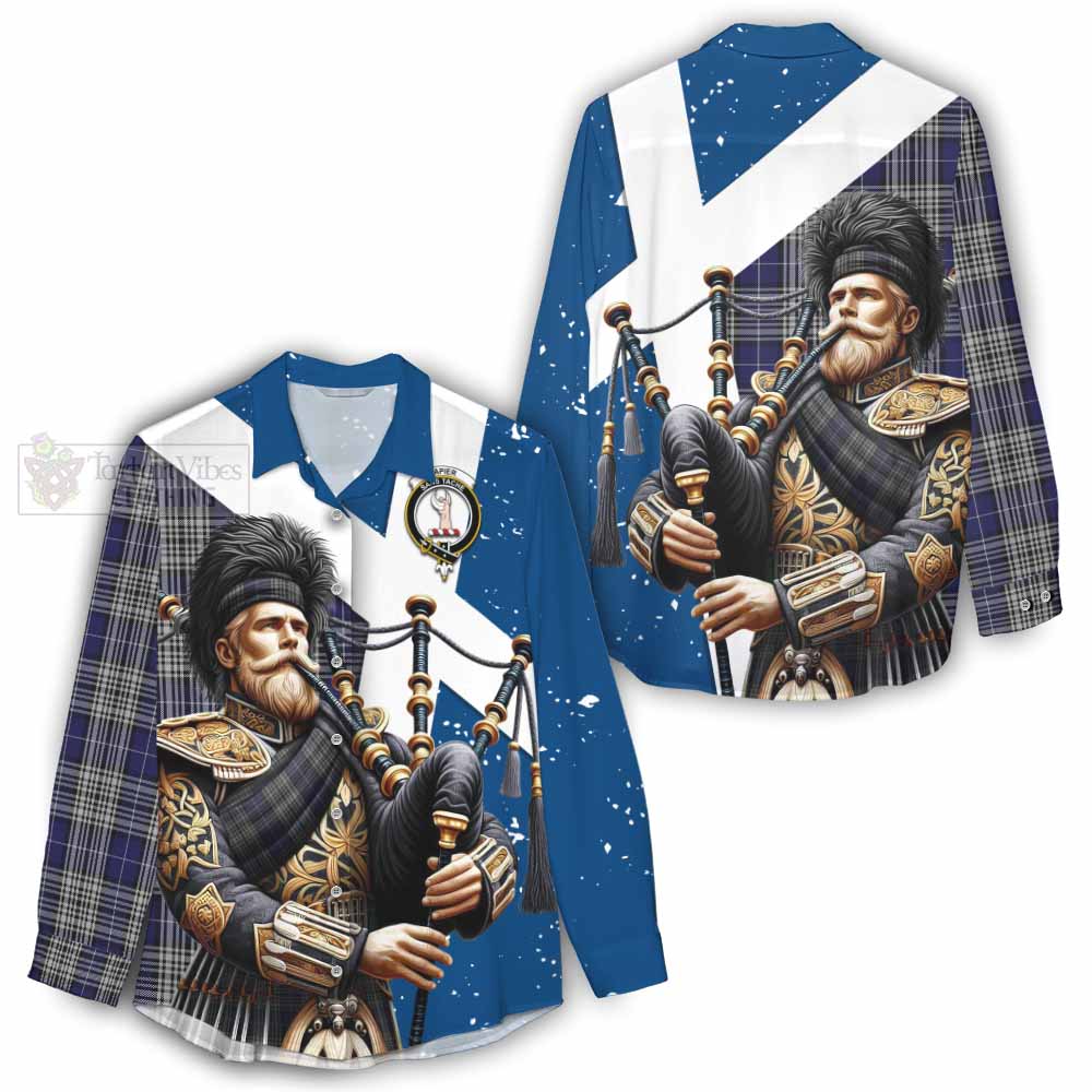 Tartan Vibes Clothing Napier Tartan Women's Casual Shirt with Family Crest Scottish Bagpiper Vibes