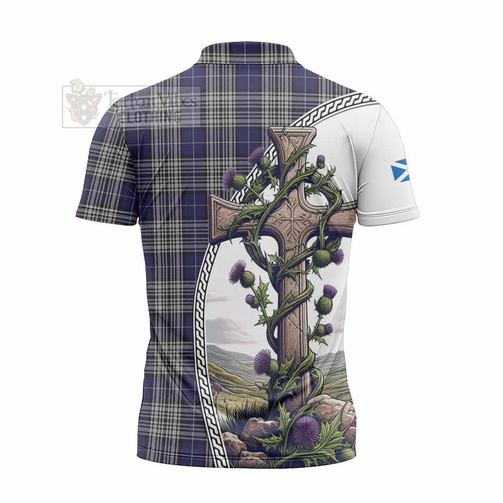 Tartan Vibes Clothing Napier Tartan Zipper Polo Shirt with Family Crest and St. Andrew's Cross Accented by Thistle Vines