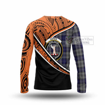 Napier Crest Tartan Long Sleeve T-Shirt with Polynesian Vibes Style - Orange Version