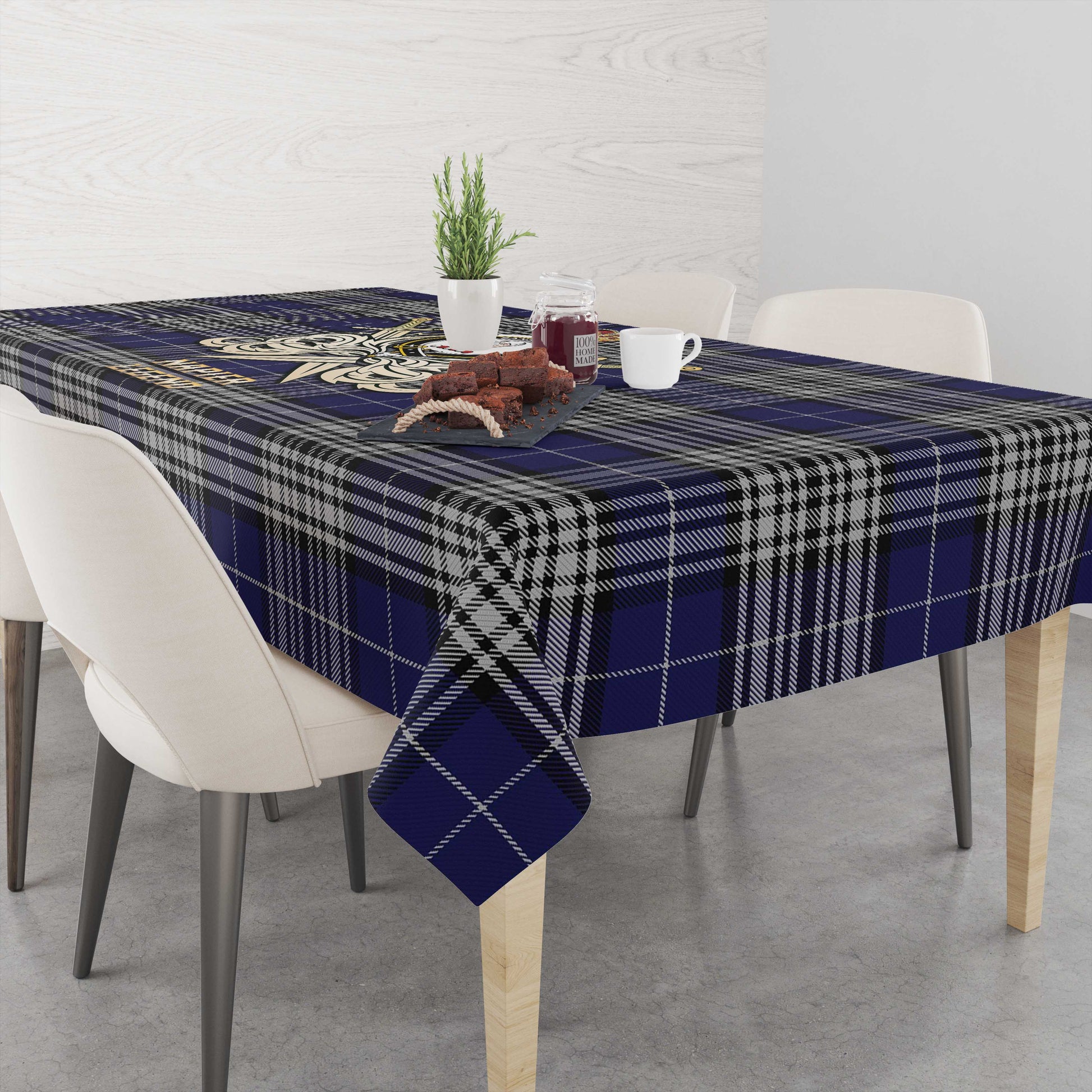 Tartan Vibes Clothing Napier Tartan Tablecloth with Clan Crest and the Golden Sword of Courageous Legacy