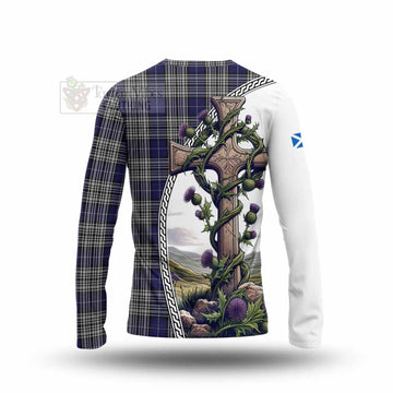 Napier Tartan Long Sleeve T-Shirt with Family Crest and St. Andrew's Cross Accented by Thistle Vines