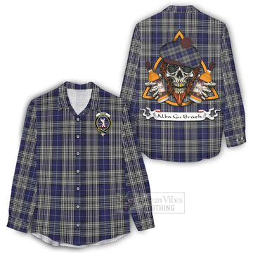 Napier Tartan Women's Casual Shirt with Family Crest and Bearded Skull Holding Bottles of Whiskey