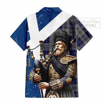 Napier Tartan Short Sleeve Button Shirt with Family Crest Scottish Bagpiper Vibes