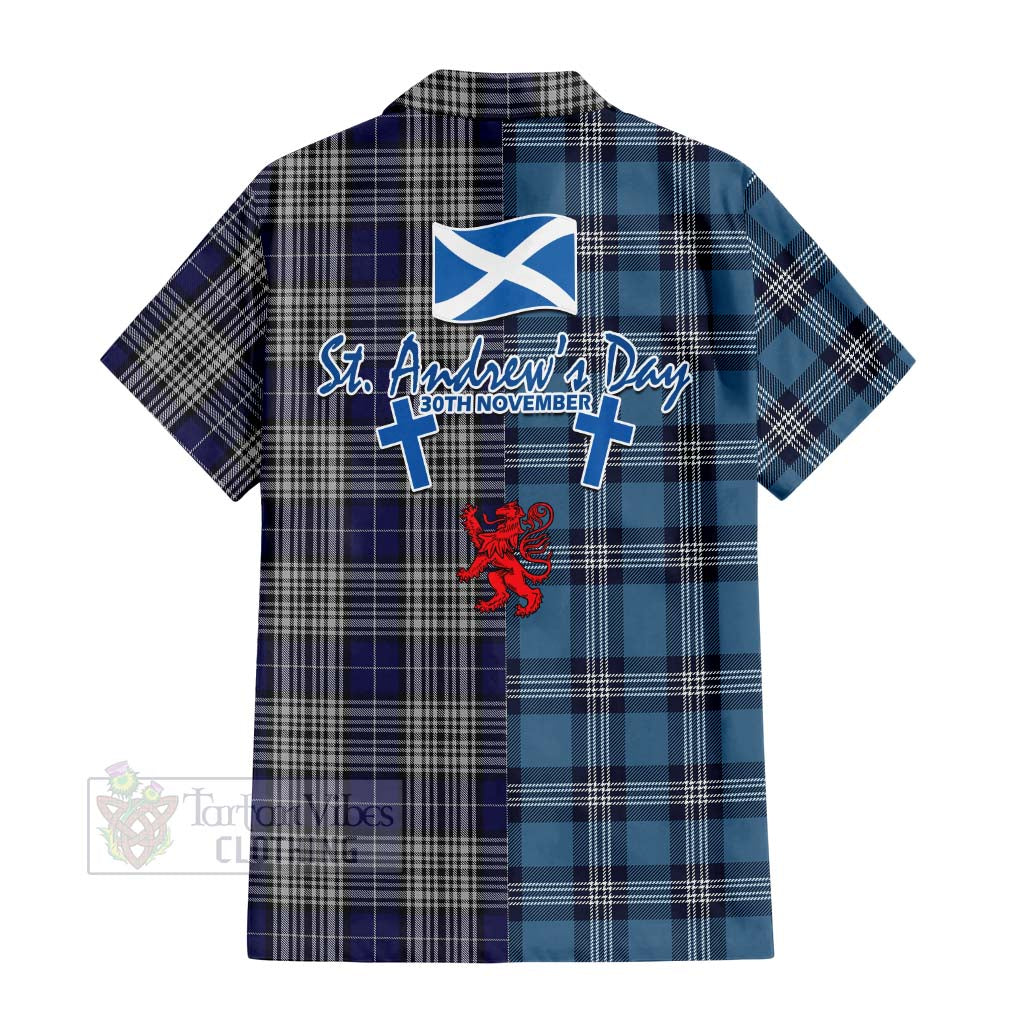 Tartan Vibes Clothing Napier Tartan Short Sleeve Button Shirt Happy St. Andrew's Day Half Tartan Style