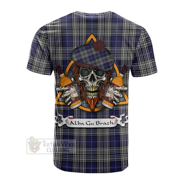 Napier Tartan Cotton T-shirt with Family Crest and Bearded Skull Holding Bottles of Whiskey