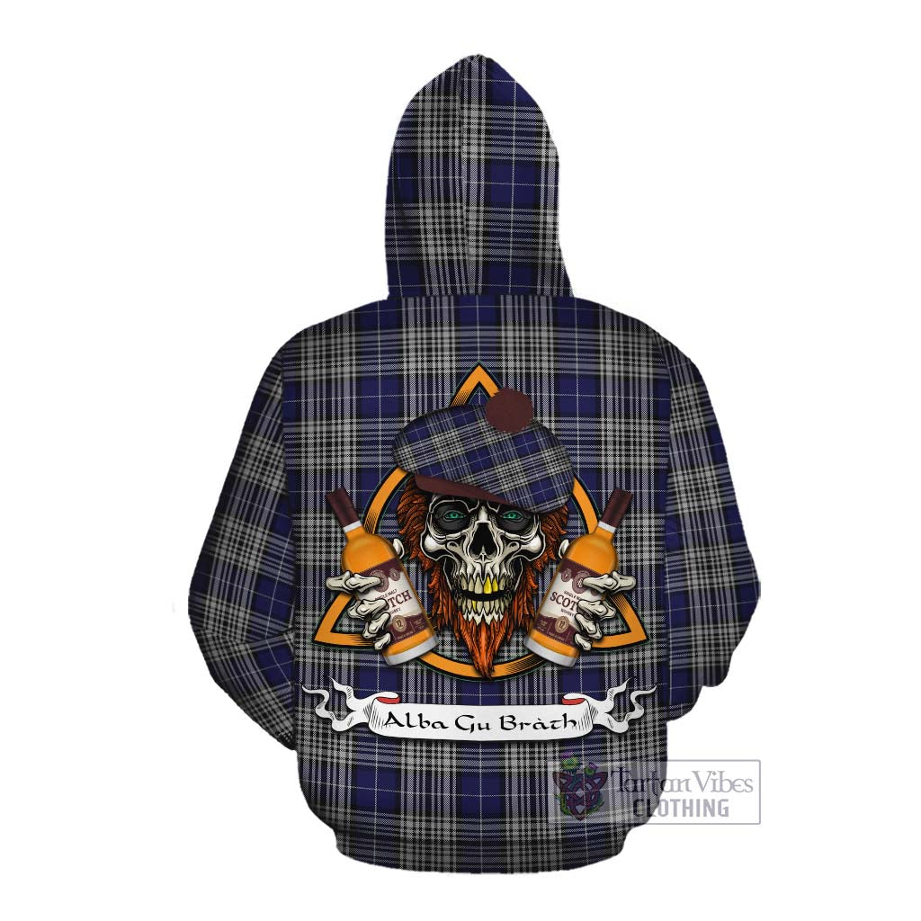 Tartan Vibes Clothing Napier Tartan Cotton Hoodie with Family Crest and Bearded Skull Holding Bottles of Whiskey