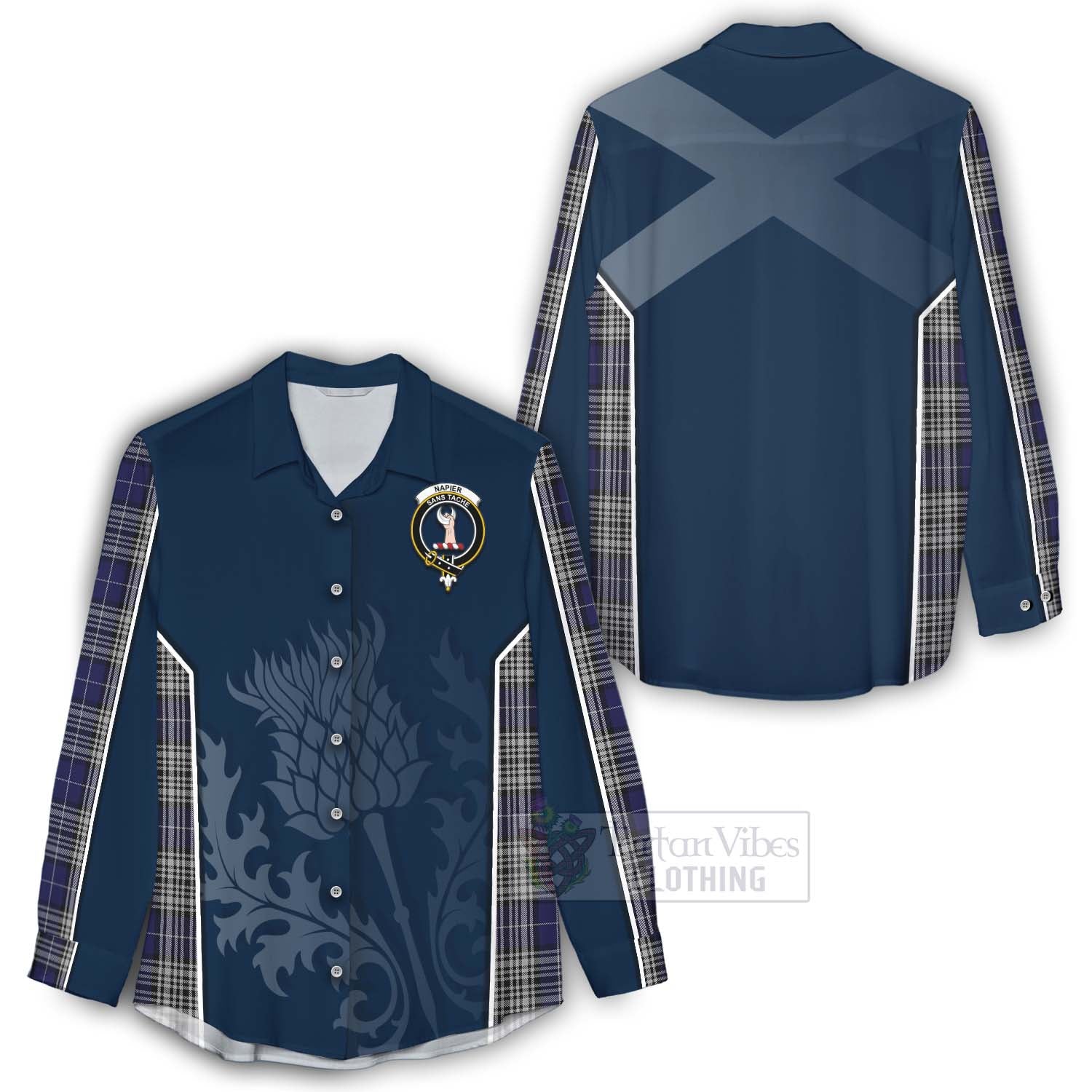 Tartan Vibes Clothing Napier Tartan Women's Casual Shirt with Family Crest and Scottish Thistle Vibes Sport Style