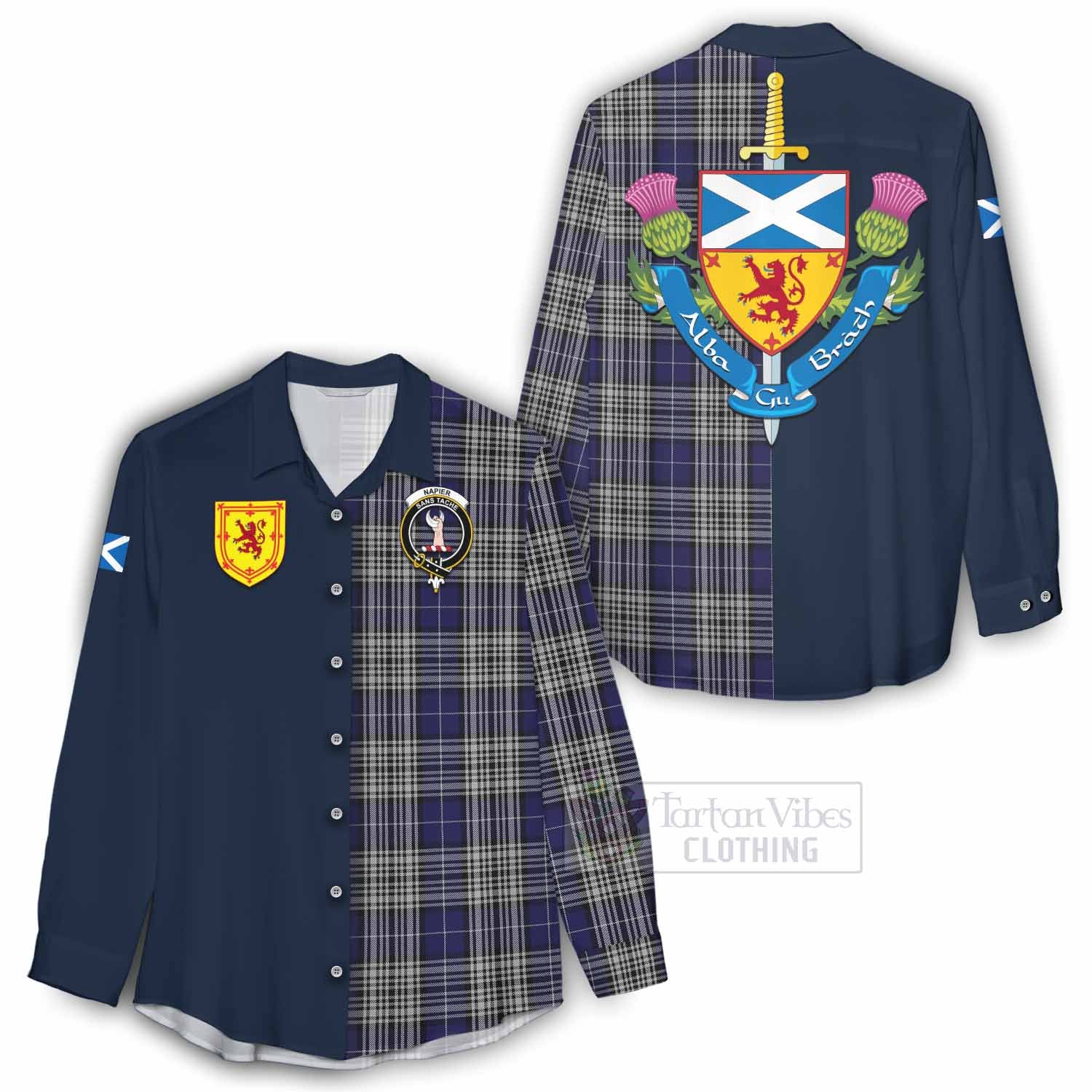 Tartan Vibes Clothing Napier Tartan Women's Casual Shirt Alba with Scottish Lion Royal Arm Half Style