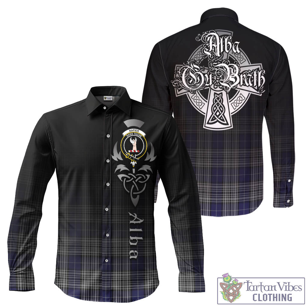 Tartan Vibes Clothing Napier Tartan Long Sleeve Button Up Featuring Alba Gu Brath Family Crest Celtic Inspired