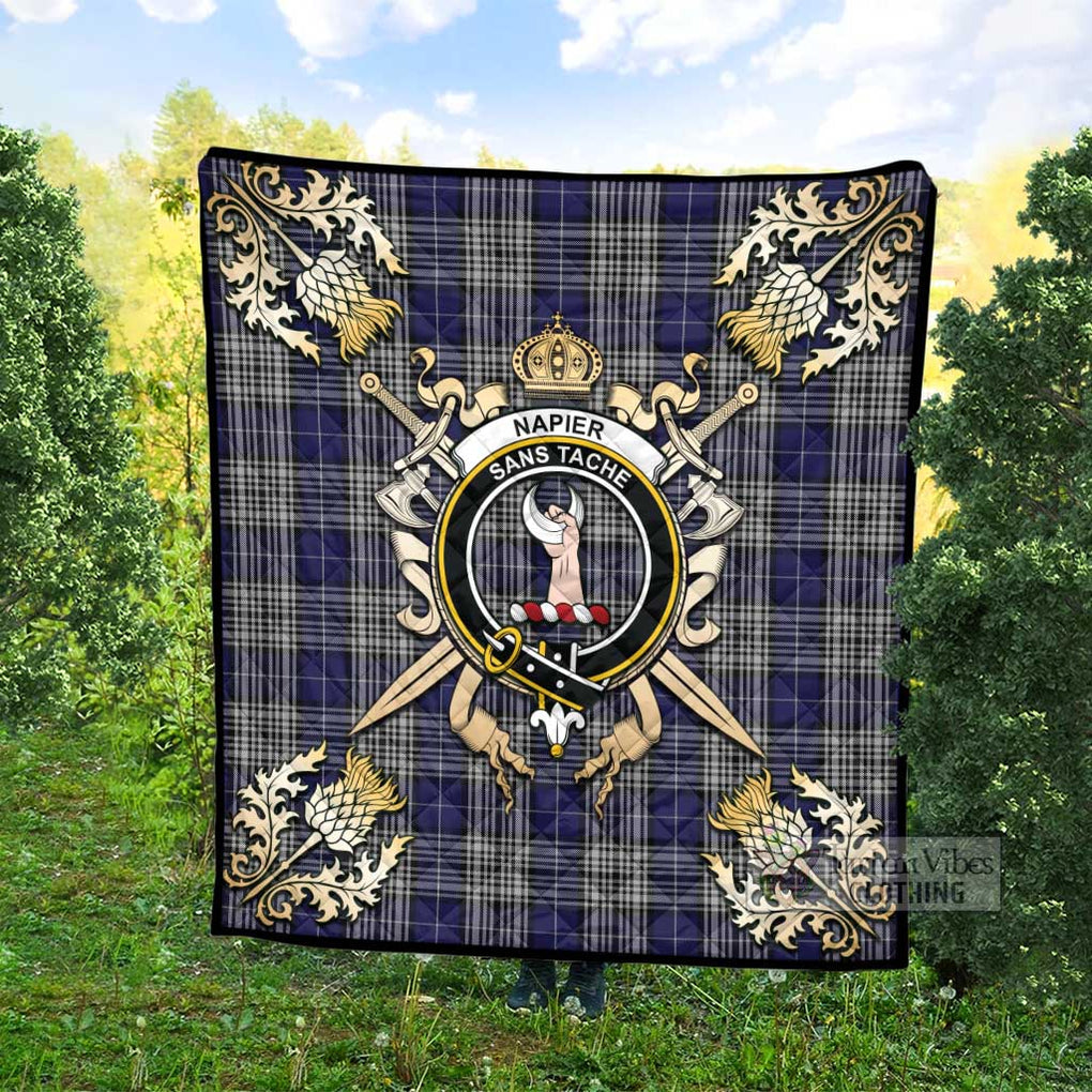 Tartan Vibes Clothing Napier Tartan Quilt with Family Crest and Scottish Golden Courage Shield