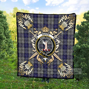 Napier Tartan Quilt with Family Crest and Scottish Golden Courage Shield