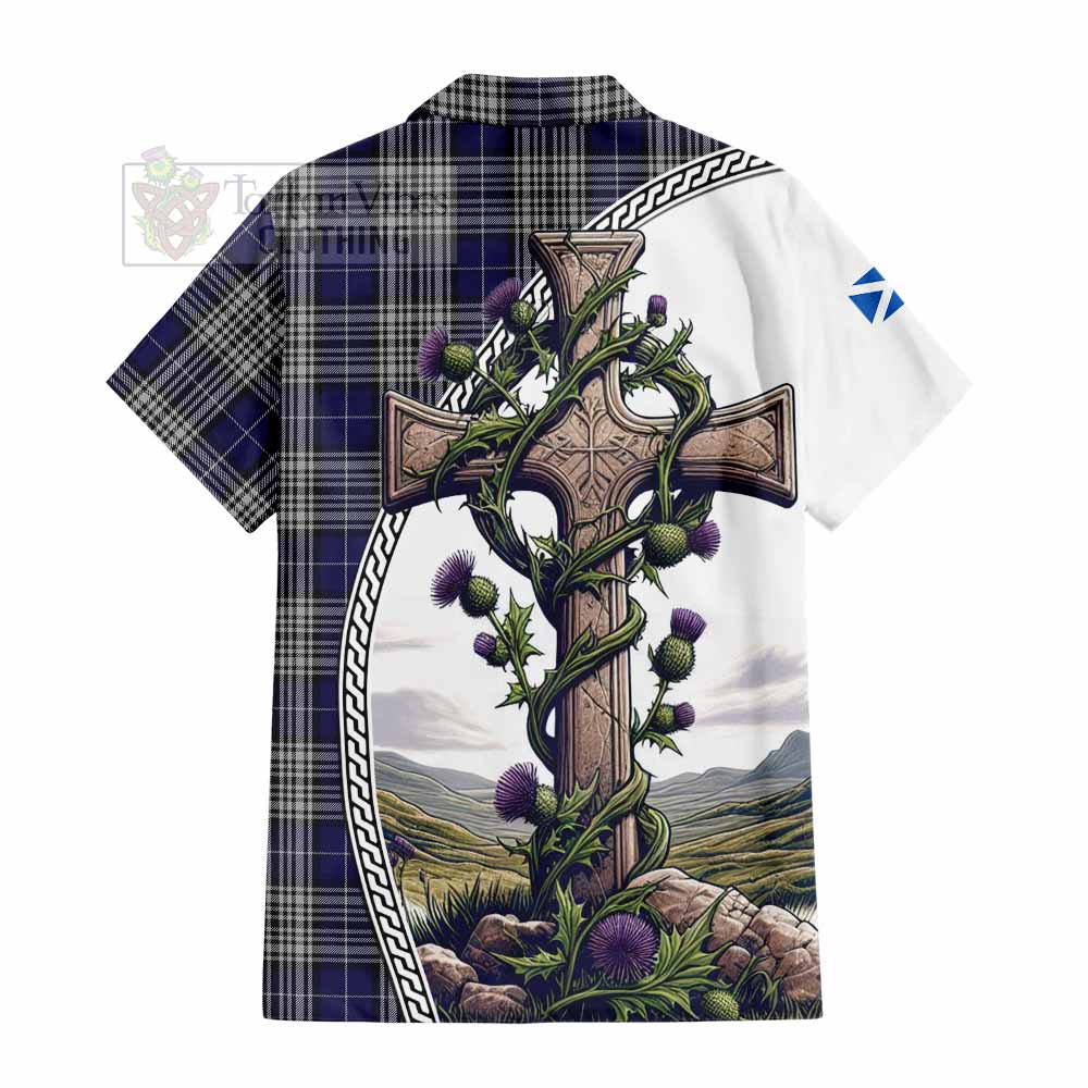 Tartan Vibes Clothing Napier Tartan Short Sleeve Button Shirt with Family Crest and St. Andrew's Cross Accented by Thistle Vines