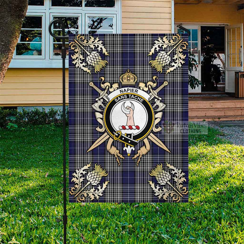 Tartan Vibes Clothing Napier Tartan Flag with Family Crest and Golden Thistle Crossed Sword Design