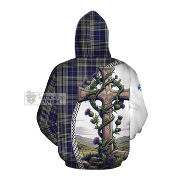Napier Tartan Cotton Hoodie with Family Crest and St. Andrew's Cross Accented by Thistle Vines Pullover Hoodie - Tartan Vibes Clothing