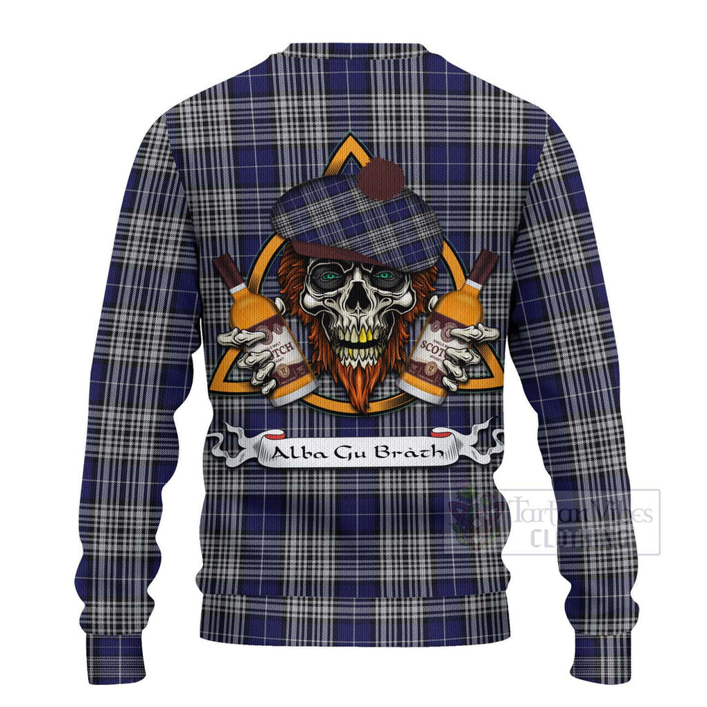 Tartan Vibes Clothing Napier Tartan Knitted Sweater with Family Crest and Bearded Skull Holding Bottles of Whiskey