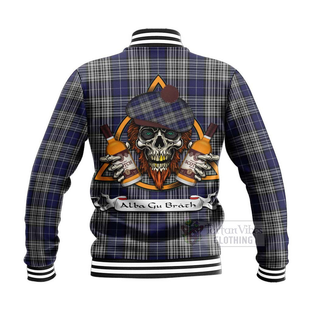 Tartan Vibes Clothing Napier Tartan Baseball Jacket with Family Crest and Bearded Skull Holding Bottles of Whiskey