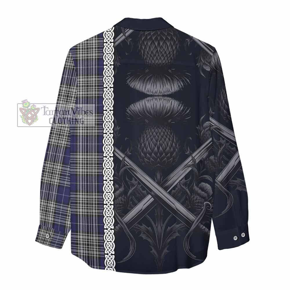 Tartan Vibes Clothing Napier Tartan Women's Casual Shirt with Family Crest Cross Sword Thistle Celtic Vibes