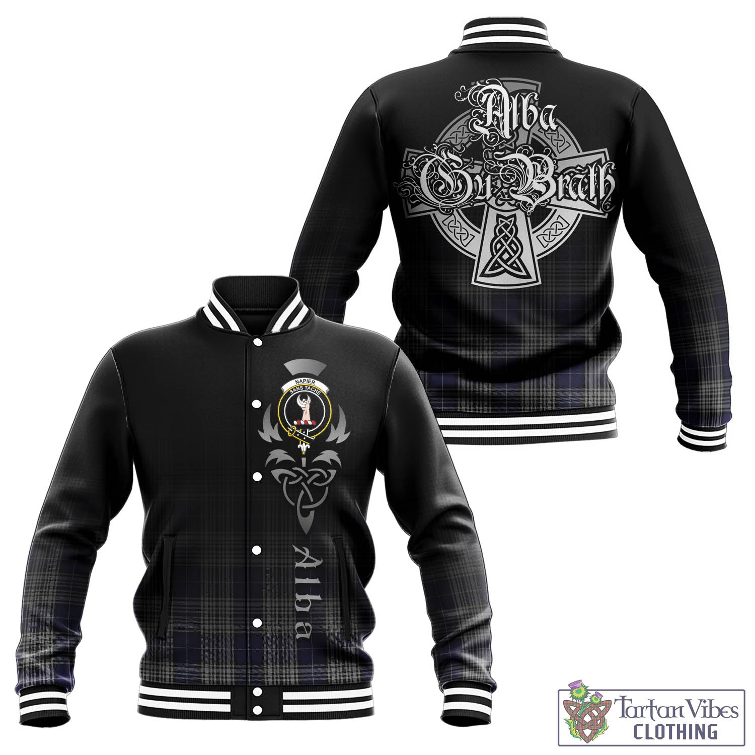 Tartan Vibes Clothing Napier Tartan Baseball Jacket Featuring Alba Gu Brath Family Crest Celtic Inspired