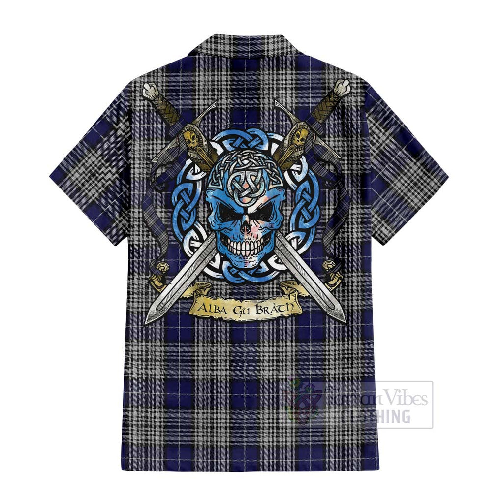 Tartan Vibes Clothing Napier Tartan Short Sleeve Button Shirt with Family Crest Celtic Skull Style