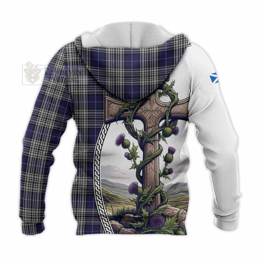 Tartan Vibes Clothing Napier Tartan Knitted Hoodie with Family Crest and St. Andrew's Cross Accented by Thistle Vines