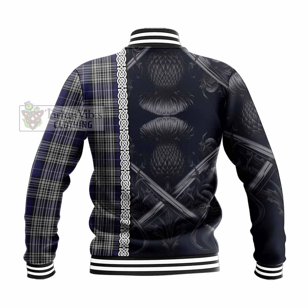 Tartan Vibes Clothing Napier Tartan Baseball Jacket with Family Crest Cross Sword Thistle Celtic Vibes