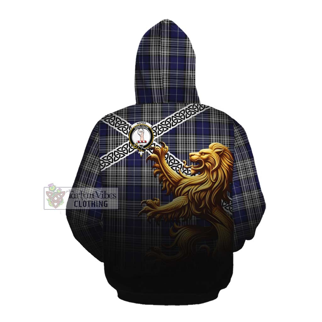 Napier Crest Tartan Cotton Hoodie with Golden Lion Emblem Celtic Style Pullover Hoodie - Tartan Vibes Clothing