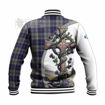 Napier Tartan Baseball Jacket with Family Crest and St. Andrew's Cross Accented by Thistle Vines