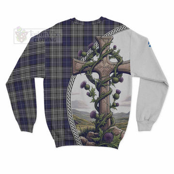 Napier Tartan Sweatshirt with Family Crest and St. Andrew's Cross Accented by Thistle Vines