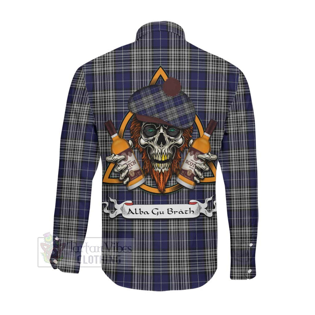 Tartan Vibes Clothing Napier Tartan Long Sleeve Button Shirt with Family Crest and Bearded Skull Holding Bottles of Whiskey