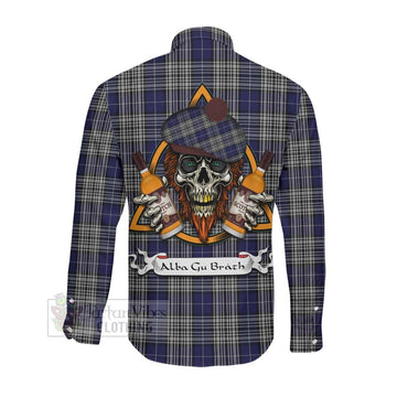 Napier Tartan Long Sleeve Button Shirt with Family Crest and Bearded Skull Holding Bottles of Whiskey