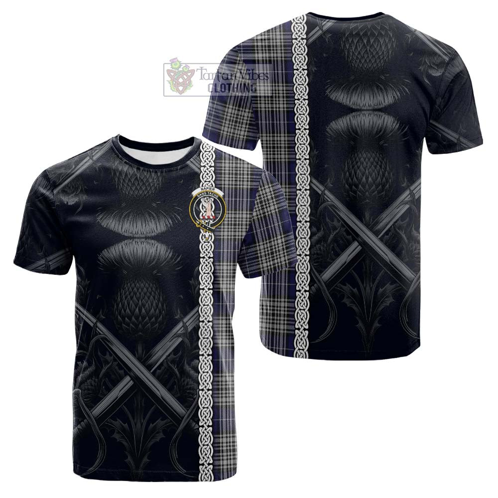 Tartan Vibes Clothing Napier Tartan Cotton T-shirt with Family Crest Cross Sword Thistle Celtic Vibes