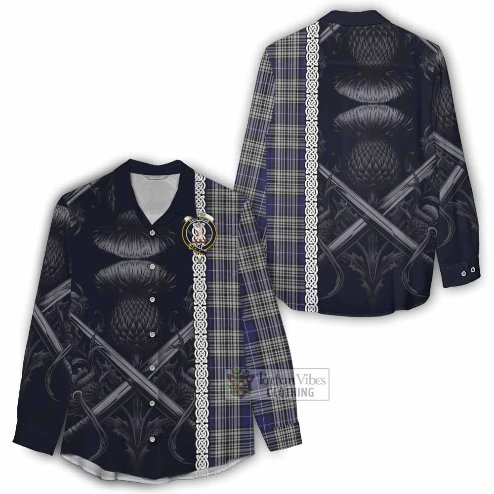 Tartan Vibes Clothing Napier Tartan Women's Casual Shirt with Family Crest Cross Sword Thistle Celtic Vibes