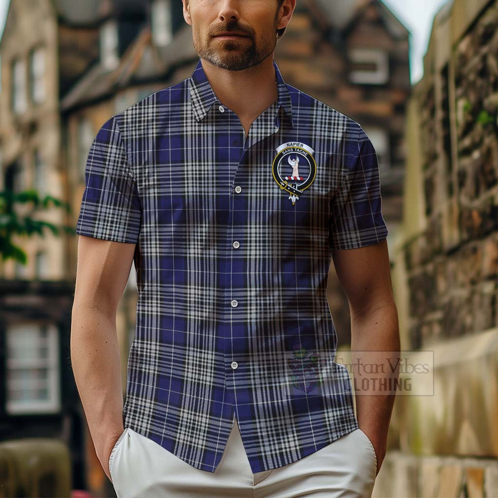 Tartan Vibes Clothing Napier Tartan Short Sleeve Button Shirt with Family Crest Celtic Skull Style