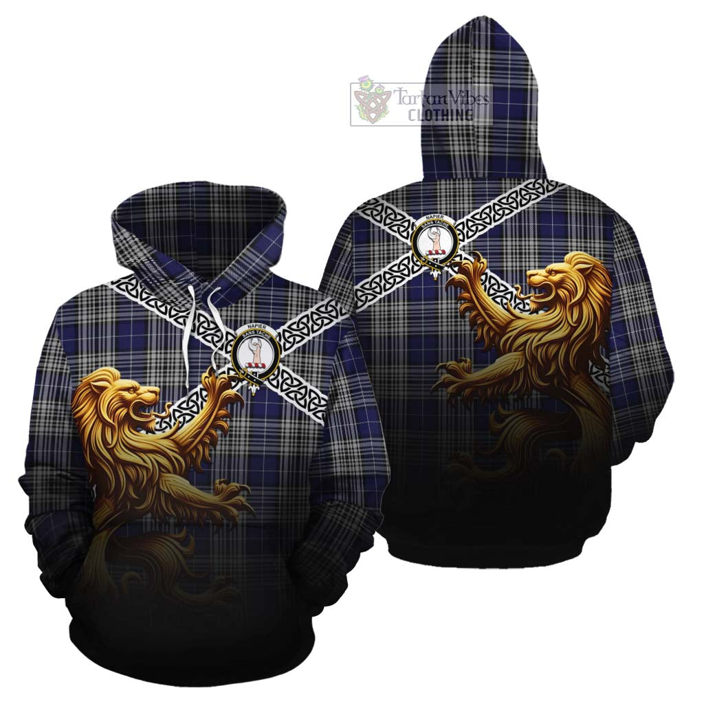 Napier Crest Tartan Cotton Hoodie with Golden Lion Emblem Celtic Style - Tartan Vibes Clothing