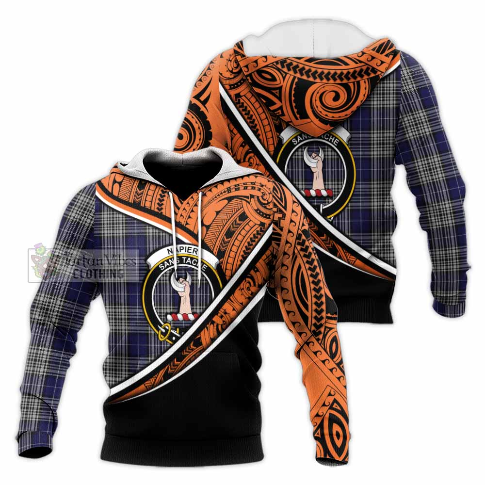 Tartan Vibes Clothing Napier Crest Tartan Knitted Hoodie with Maori Tattoo Style - Orange Version