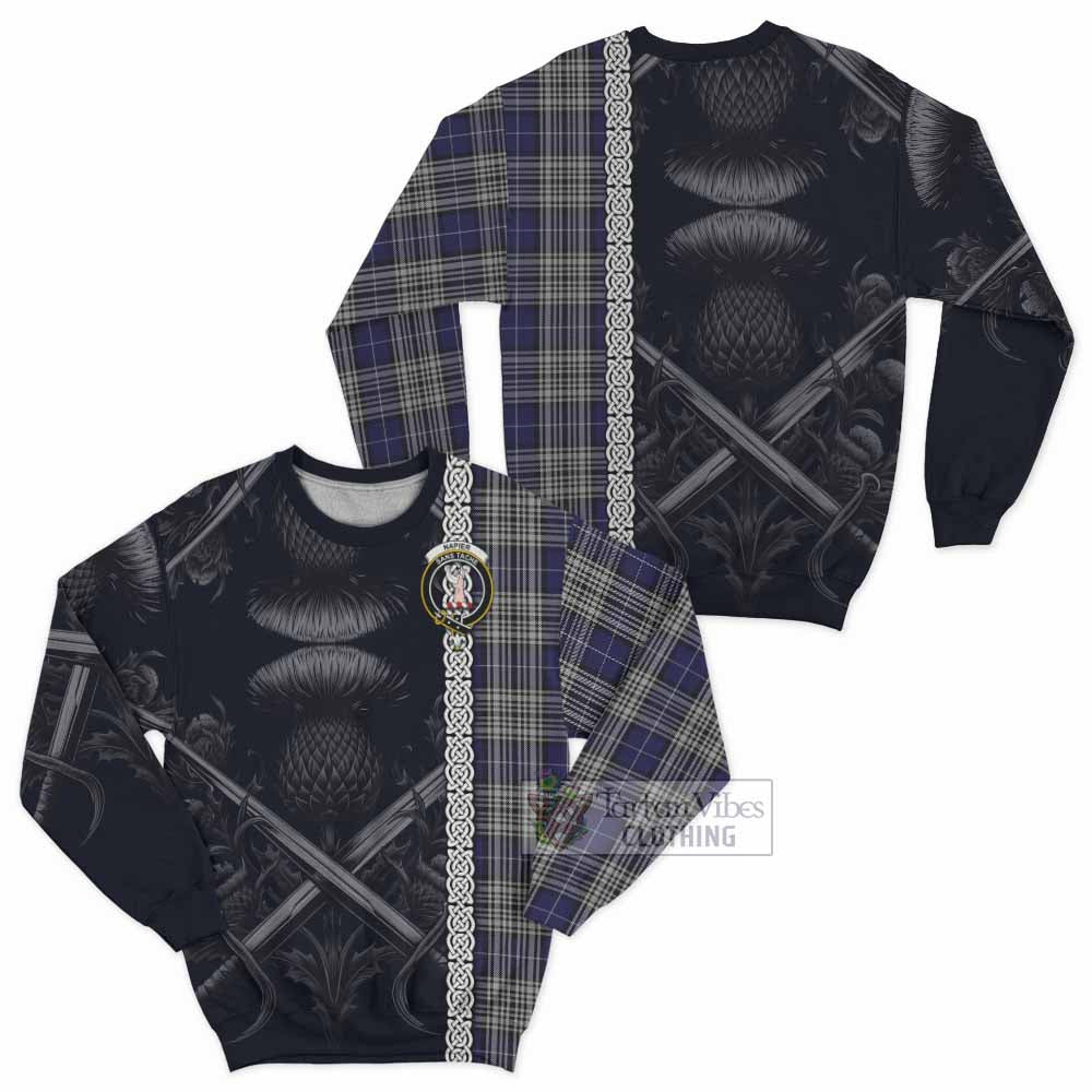 Tartan Vibes Clothing Napier Tartan Sweatshirt with Family Crest Cross Sword Thistle Celtic Vibes