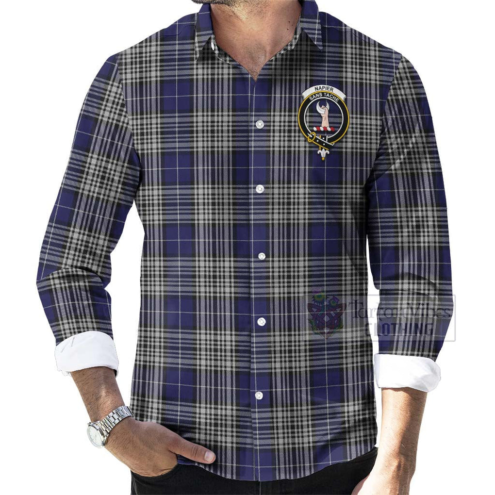 Tartan Vibes Clothing Napier Tartan Long Sleeve Button Shirt with Family Crest and Bearded Skull Holding Bottles of Whiskey