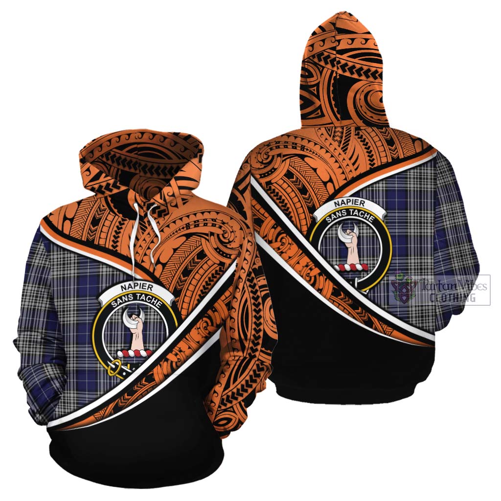 Tartan Vibes Clothing Napier Crest Tartan Cotton Hoodie with Maori Tattoo Style - Orange Version