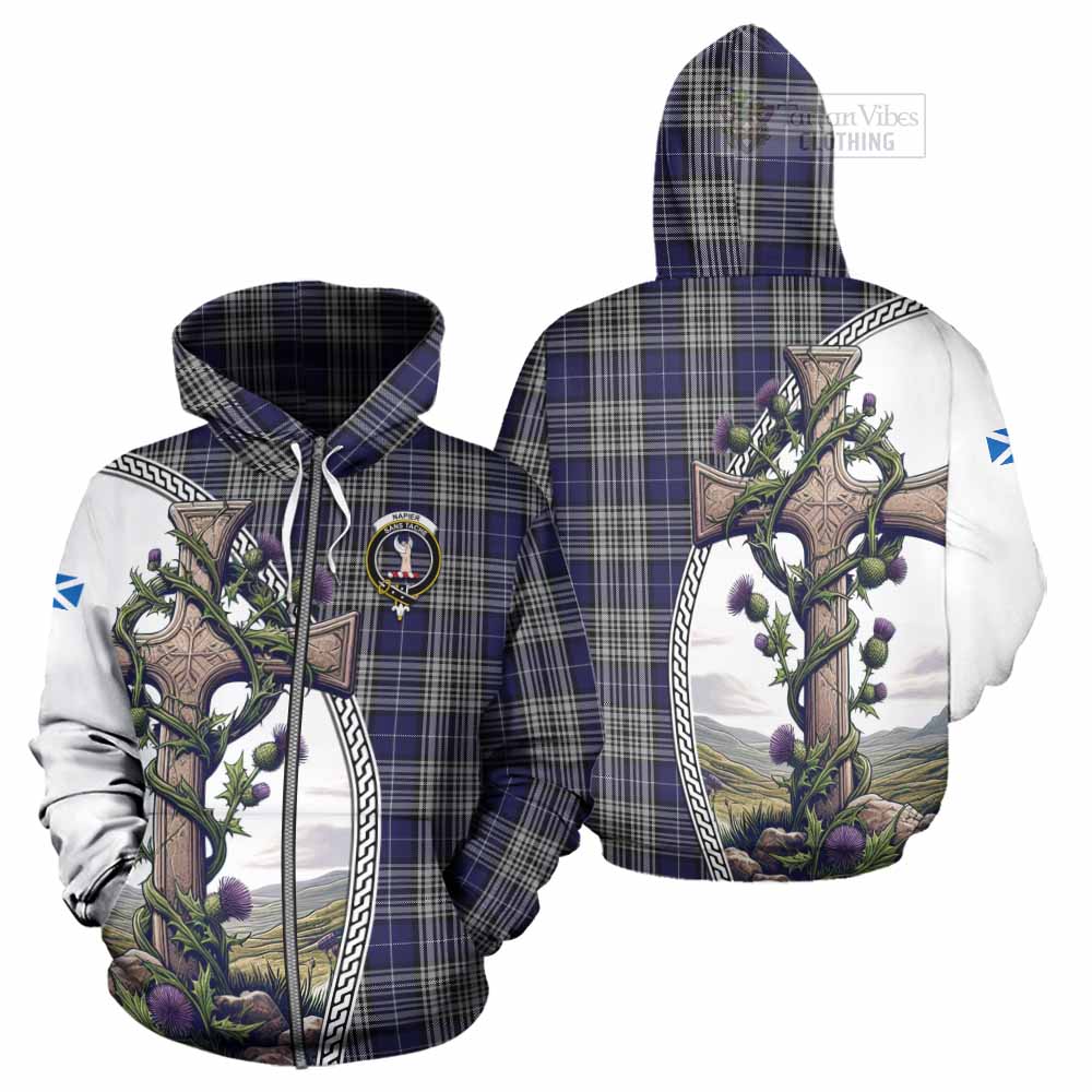 Tartan Vibes Clothing Napier Tartan Hoodie with Family Crest and St. Andrew's Cross Accented by Thistle Vines