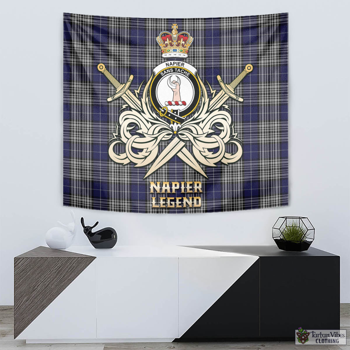 Tartan Vibes Clothing Napier Tartan Tapestry with Clan Crest and the Golden Sword of Courageous Legacy