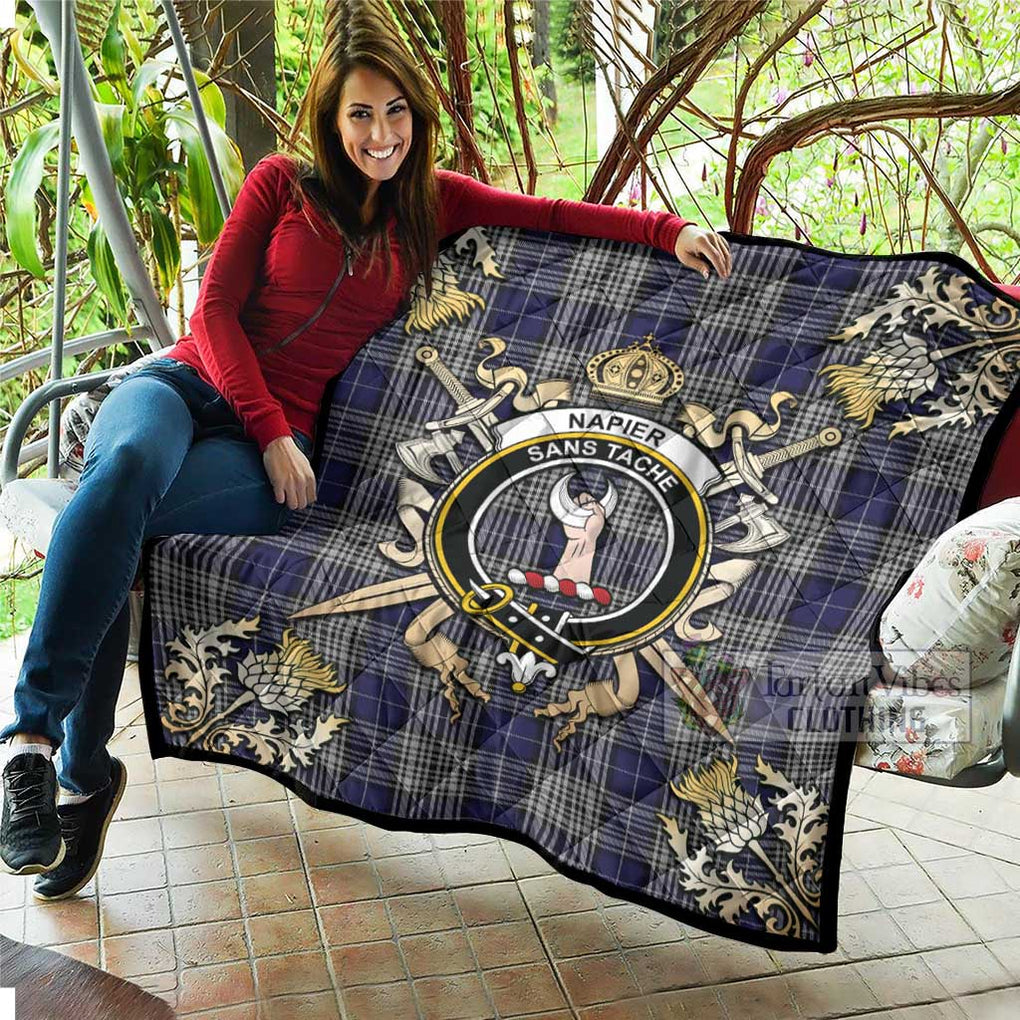 Tartan Vibes Clothing Napier Tartan Quilt with Family Crest and Scottish Golden Courage Shield