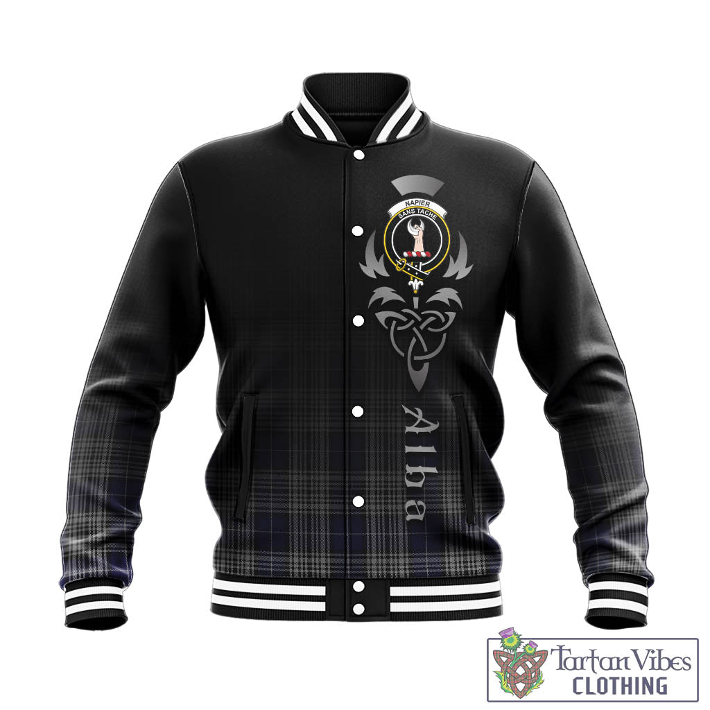 Tartan Vibes Clothing Napier Tartan Baseball Jacket Featuring Alba Gu Brath Family Crest Celtic Inspired